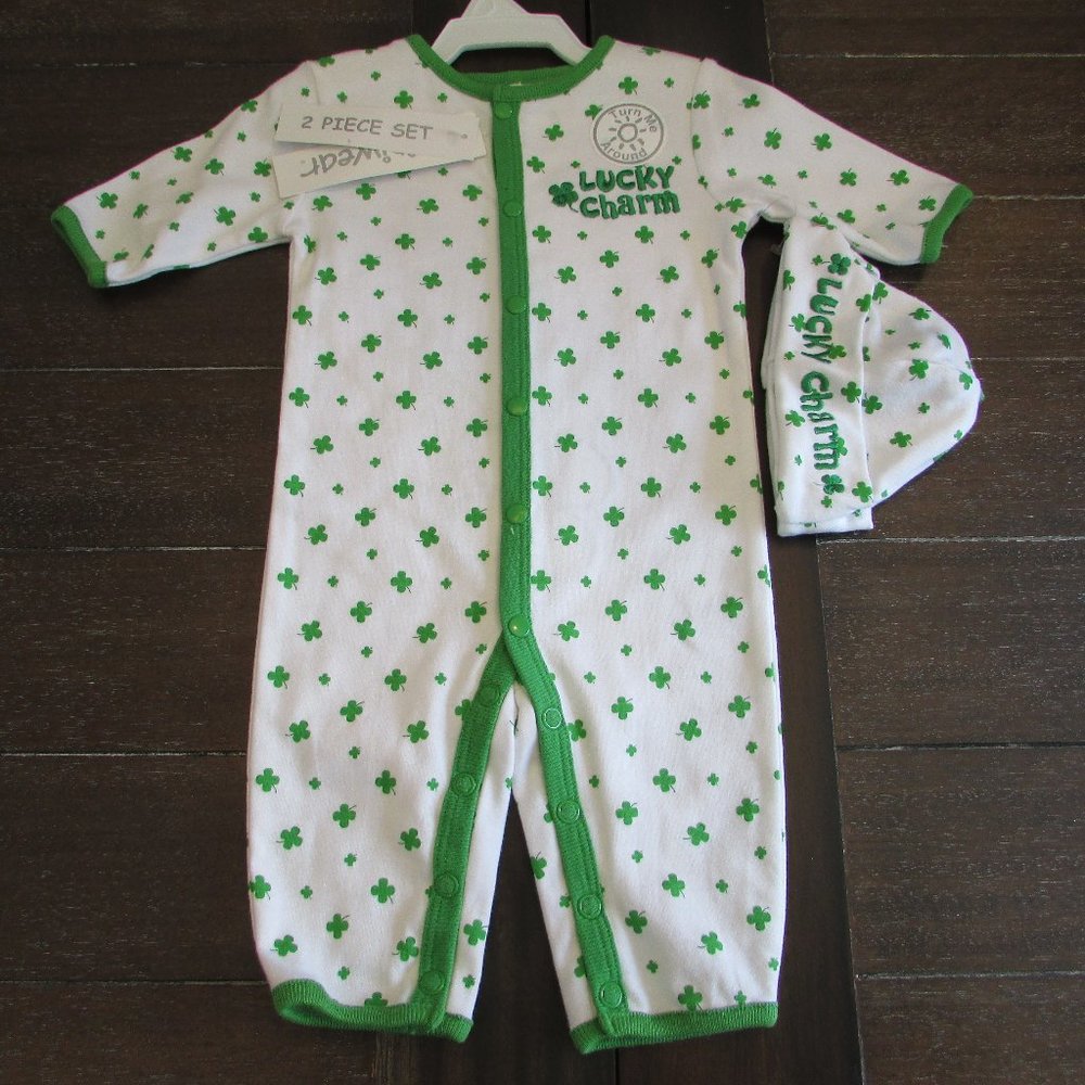 Miniwear 0-3 months Lucky Charm Irish One Piece for Baby with Matching Hat tags